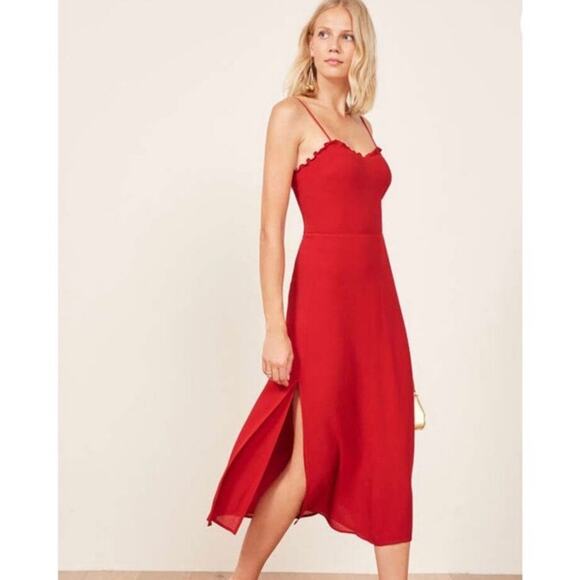 Reformation Cassandra Cherry Red Midi Ruffle Dress Size 8 - Picture 2 of 13